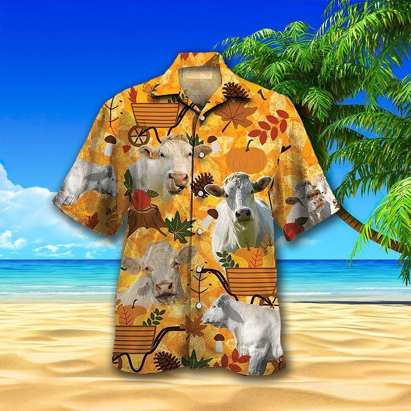 White Cow Aloha Hawaiian Shirts For Summer, Autumn Symbol Pattern Hawaiian Set For Men Women, Thanksgiving Gift For Friend, Farmer, Harvest Day - Amzanimalsgift