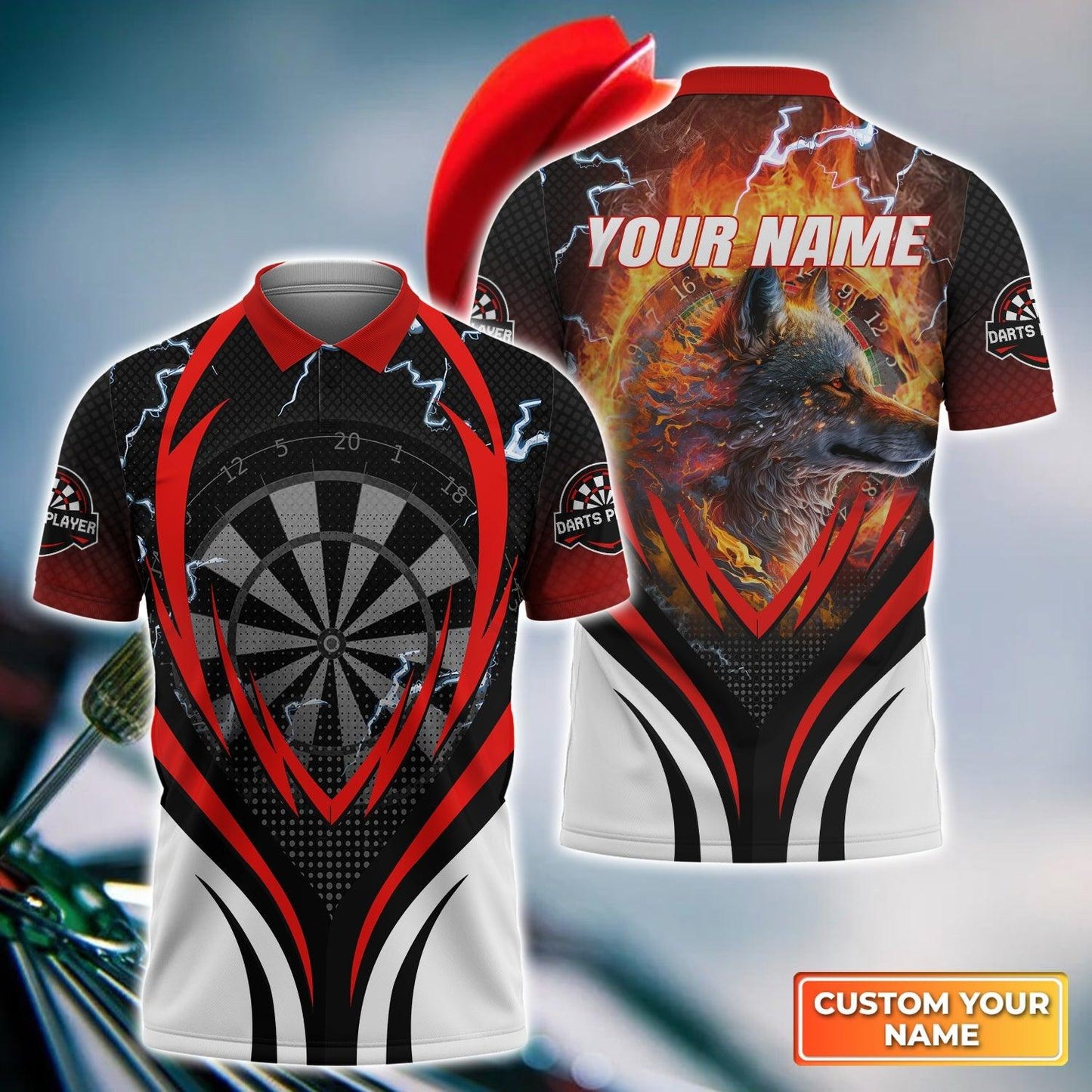 Wolf And Darts Custom Name Men Polo Shirt, Flame Bullseye Dartboard Personalized Men Polo Shirt Gift For Darts Lovers, Friends, Team Players - Amzanimalsgift