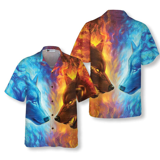 Wolf Hawaiian Shirt, Ice And Fire Wolf Hawaiian Shirt - Perfect Gift For Wolf Lovers, Husband, Boyfriend, Friend, Family - Amzanimalsgift