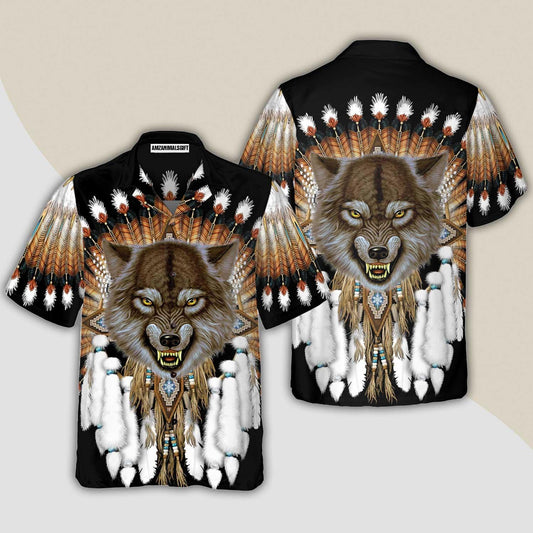 Wolf Hawaiian Shirt, Tribal Angry Wolf Shirt For Men Hawaiian Shirt - Perfect Gift For Wolf Lovers, Husband, Boyfriend, Friend, Family - Amzanimalsgift