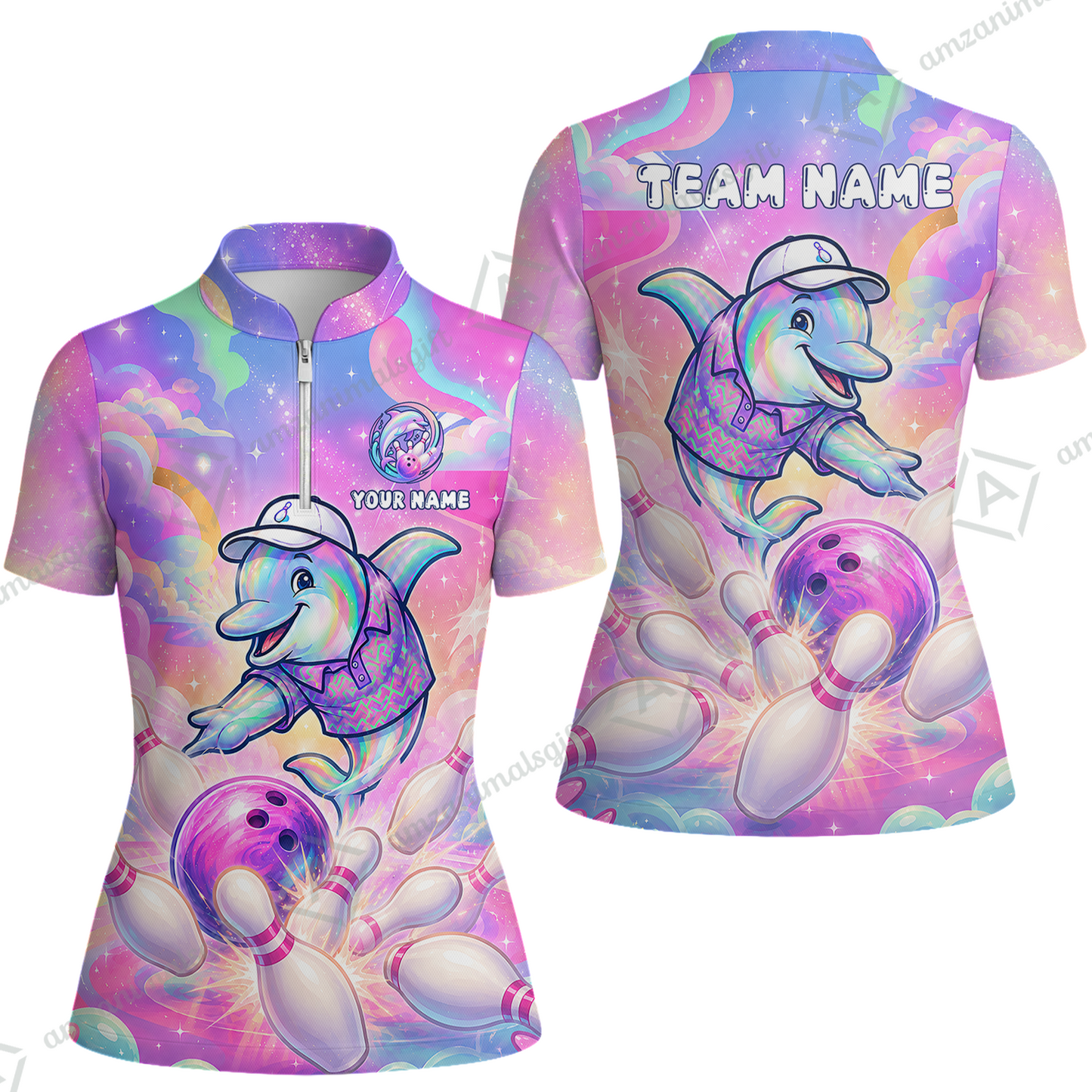 Custom Bowling Jersey Polo Shirt, Dolphin In Galaxy, Custom Bowling Jersey Team Shirt For Players With Name and Team Name
