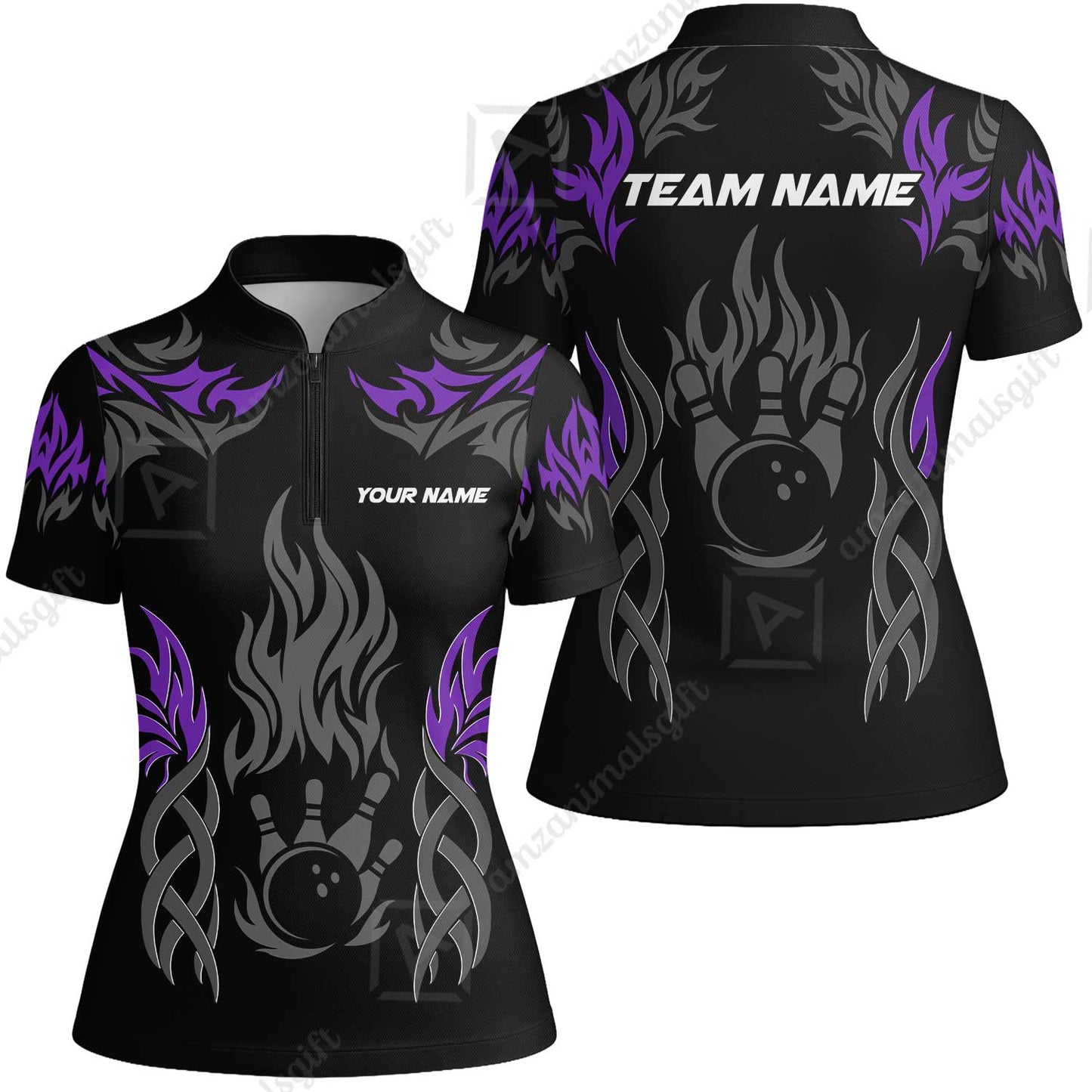 Personalized Bowling Team Women Jersey Shirt, Tribal And Bowling Flame Multi Option Customized Polo Shirt - Black
