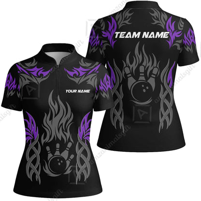 Personalized Bowling Team Women Jersey Shirt, Tribal And Bowling Flame Multi Option Customized Polo Shirt - Black