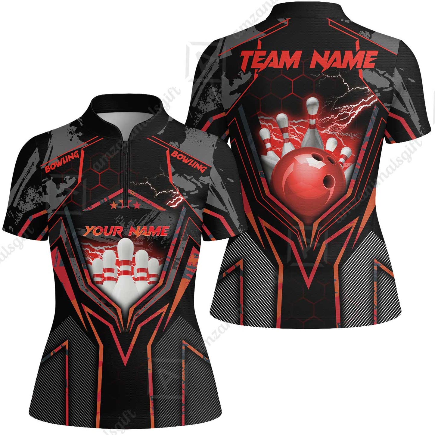 Customized Bowling Jersey, Bowling And Pins Abstract Grunge Texture X Multicolor Option Customized Name And Team Name Zipper Polo Jerseys Shirts