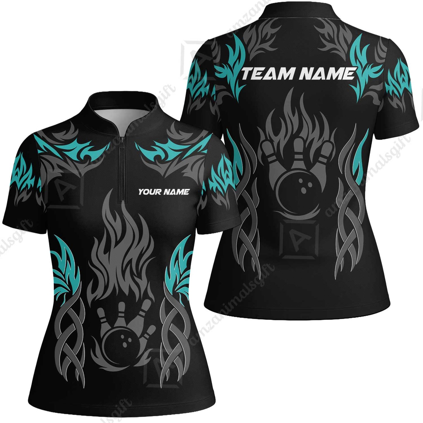 Personalized Bowling Team Women Jersey Shirt, Tribal And Bowling Flame Multi Option Customized Polo Shirt - Black