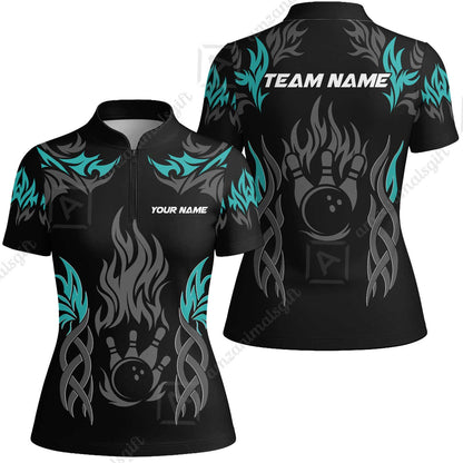 Personalized Bowling Team Women Jersey Shirt, Tribal And Bowling Flame Multi Option Customized Polo Shirt - Black