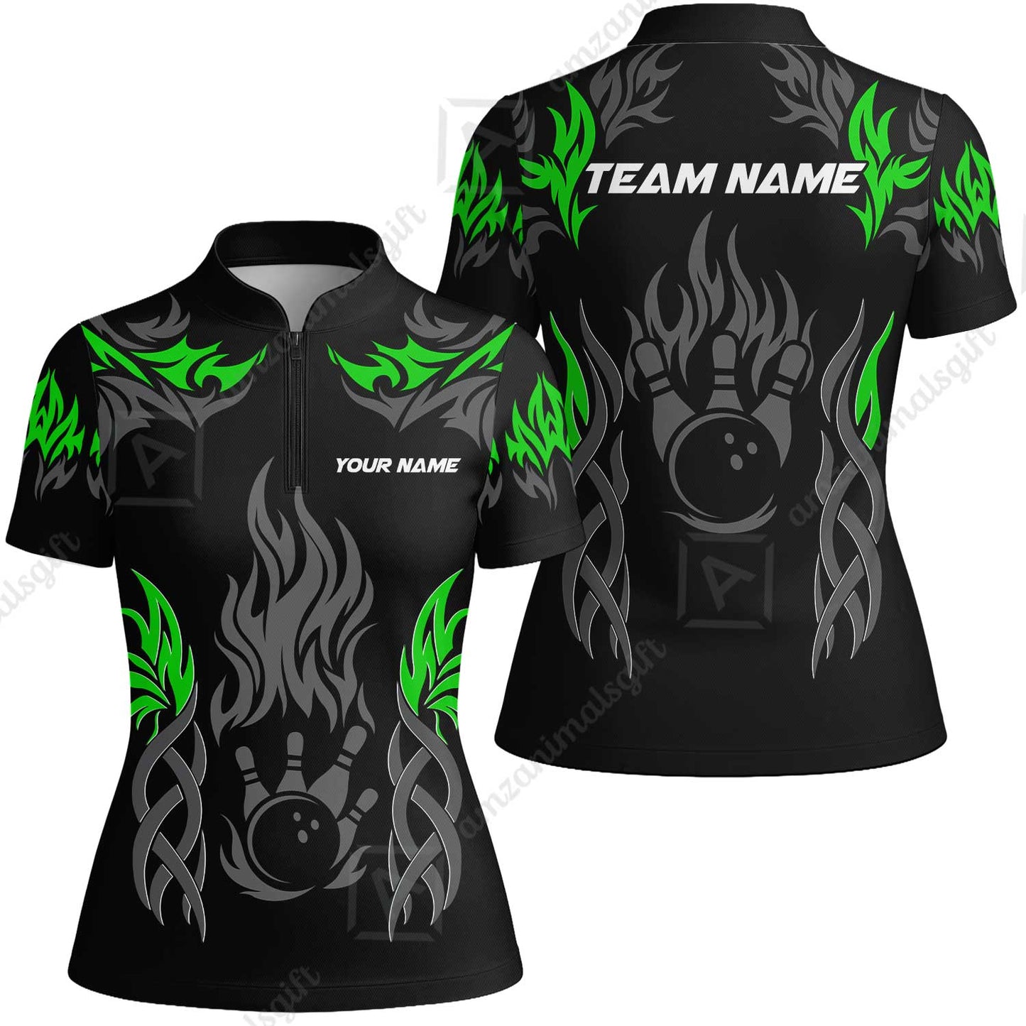 Personalized Bowling Team Women Jersey Shirt, Tribal And Bowling Flame Multi Option Customized Polo Shirt - Black