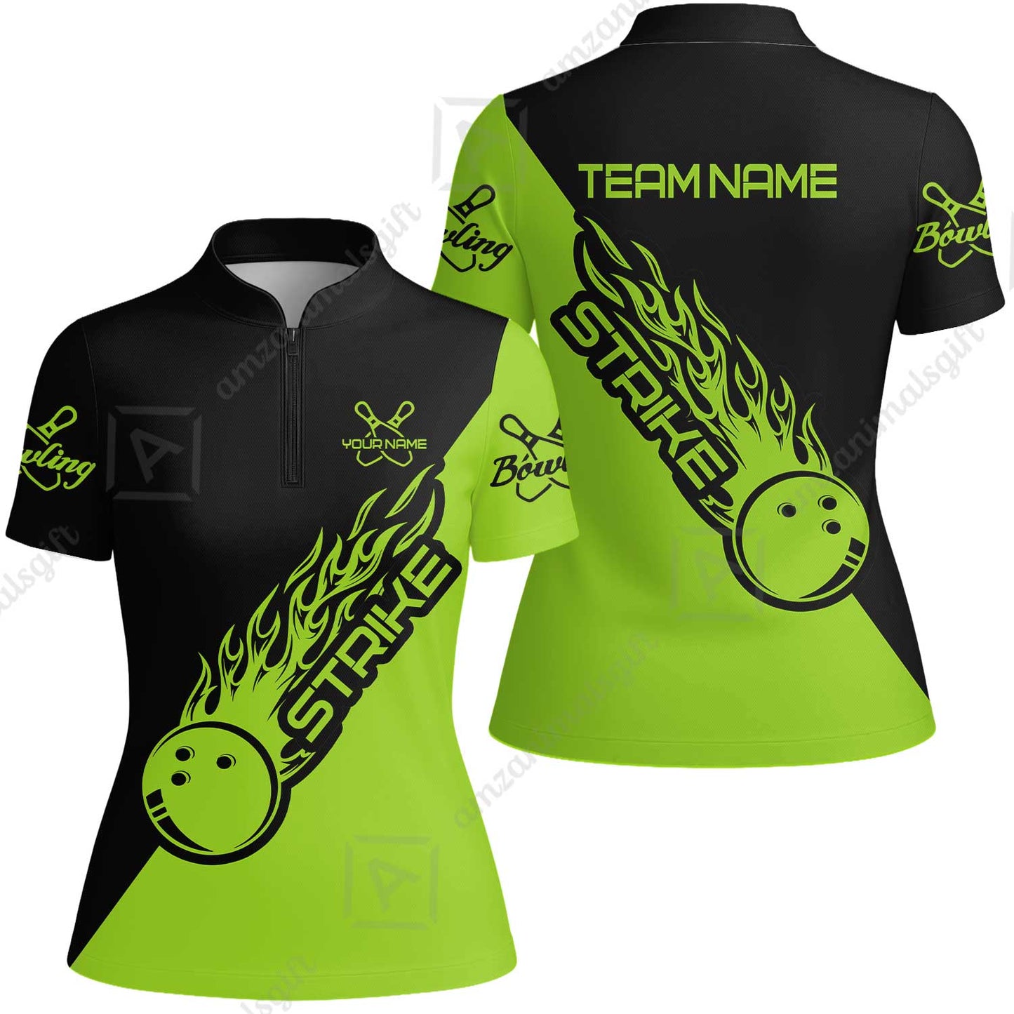 Bowling Customized Jersey Black Green Shirt Strike Ball Bowling Tenpin Quarter Zip Shirt For Bowlers, Bowling Team