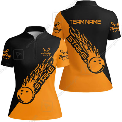 Bowling Customized Jersey Black Orange Shirt Strike Ball Bowling Tenpin Quarter Zip Shirt For Bowlers, Bowling Team