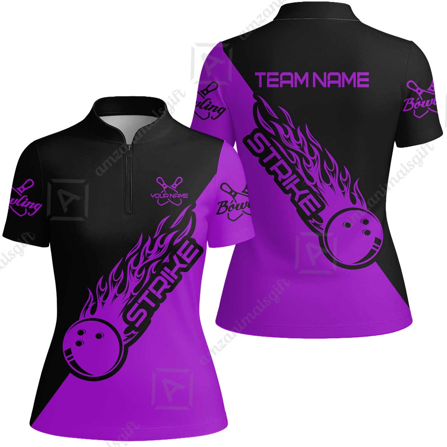 Customized Bowling Team Shirt, Bowling Strike Black And Purple Uniform Shirt, Perfect outfit For Bowlers, Bowling Team