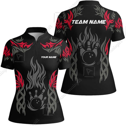 Personalized Bowling Team Women Jersey Shirt, Tribal And Bowling Flame Multi Option Customized Polo Shirt - Black