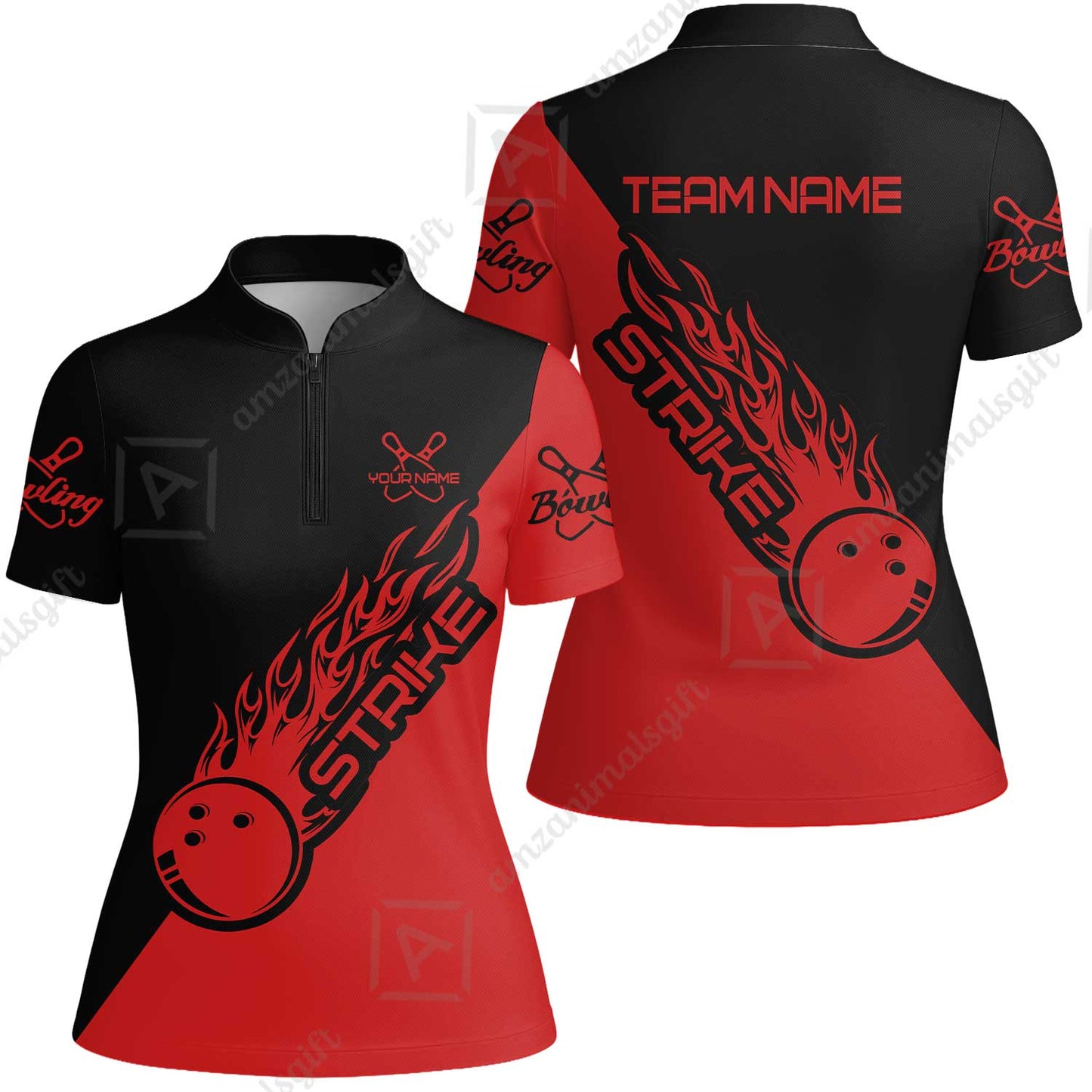 Bowling Customized Jersey Black Red Shirt Strike Ball Bowling Tenpin Quarter Zip Shirt For Bowlers, Bowling Team