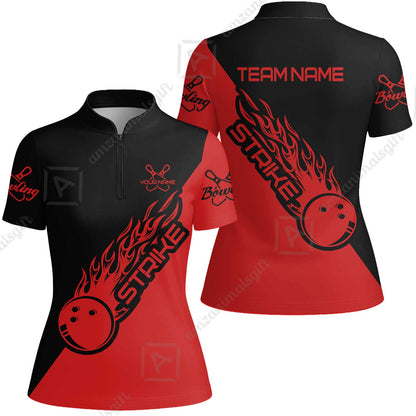Bowling Customized Jersey Black Red Shirt Strike Ball Bowling Tenpin Quarter Zip Shirt For Bowlers, Bowling Team