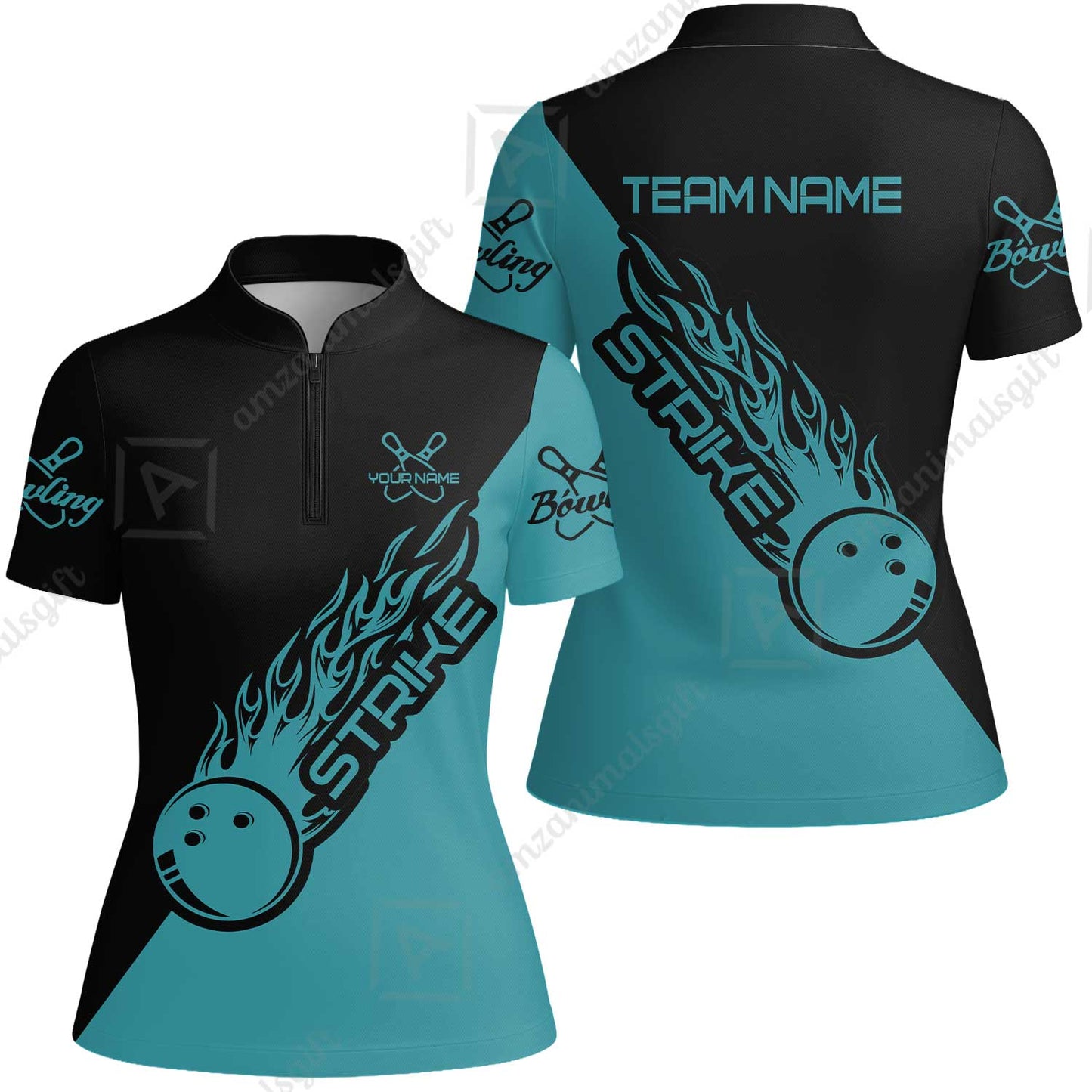 Bowling Customized Jersey Black Turquoise Shirt Strike Ball Bowling Tenpin Quarter Zip Shirt For Bowlers, Bowling Team