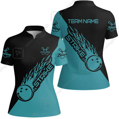 Bowling Customized Jersey Black Turquoise Shirt Strike Ball Bowling Tenpin Quarter Zip Shirt For Bowlers, Bowling Team