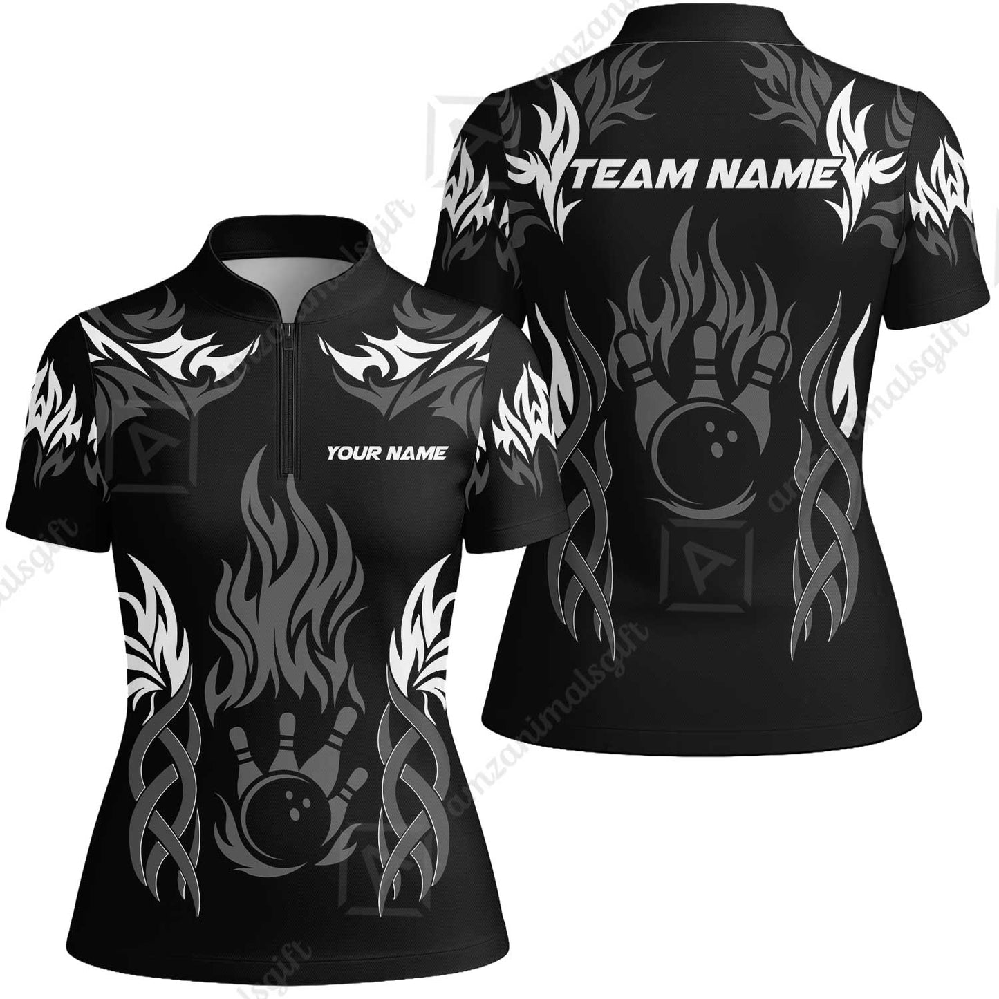 Personalized Bowling Team Women Jersey Shirt, Tribal And Bowling Flame Multi Option Customized Polo Shirt - Black