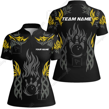 Personalized Bowling Team Women Jersey Shirt, Tribal And Bowling Flame Multi Option Customized Polo Shirt - Black