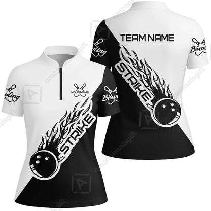 Bowling Customized Jersey Black White Shirt Strike Ball Bowling Tenpin Quarter Zip Shirt For Bowlers, Bowling Team