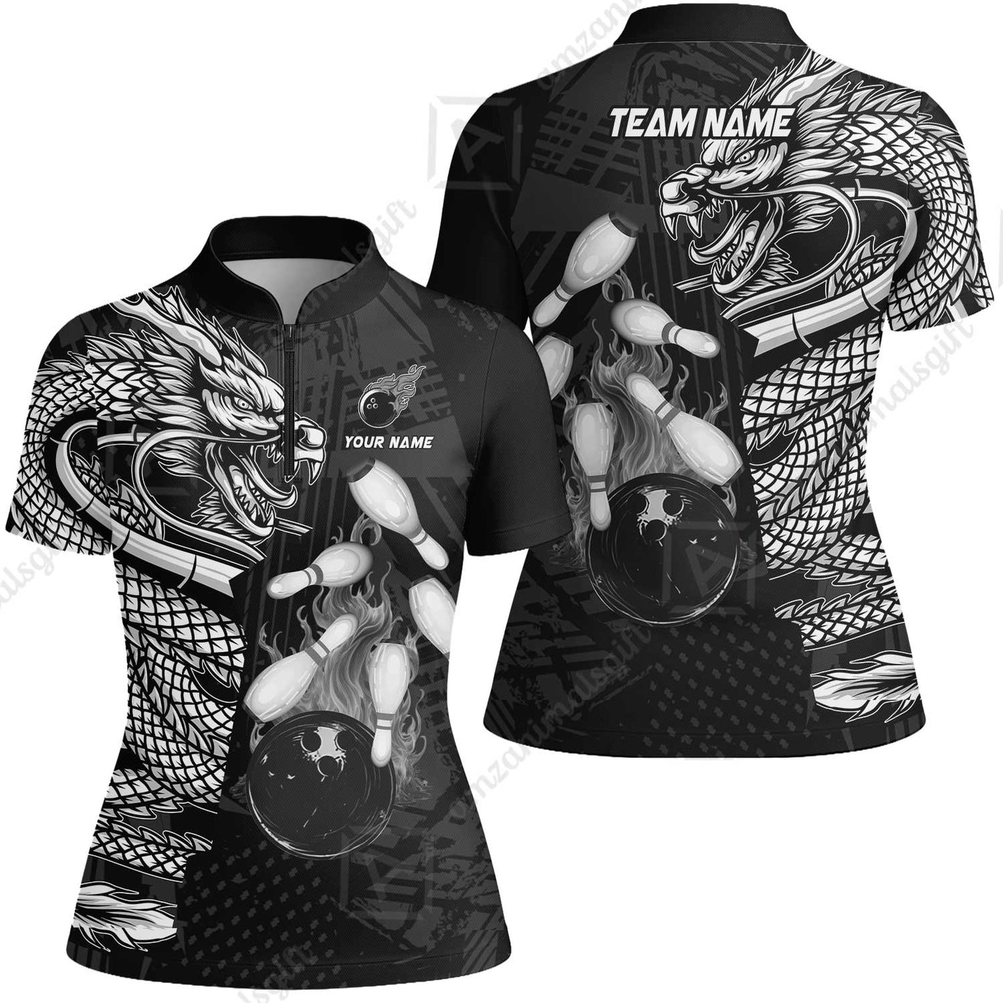 Custom Bowling Team Jerseys Polo Shirts, Bowling uniforms Bowling & Pins Dragon Flame Fire Multicolor Options Personalized Name And Team Name