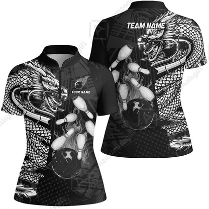 Custom Bowling Team Jerseys Polo Shirts, Bowling uniforms Bowling & Pins Dragon Flame Fire Multicolor Options Personalized Name And Team Name