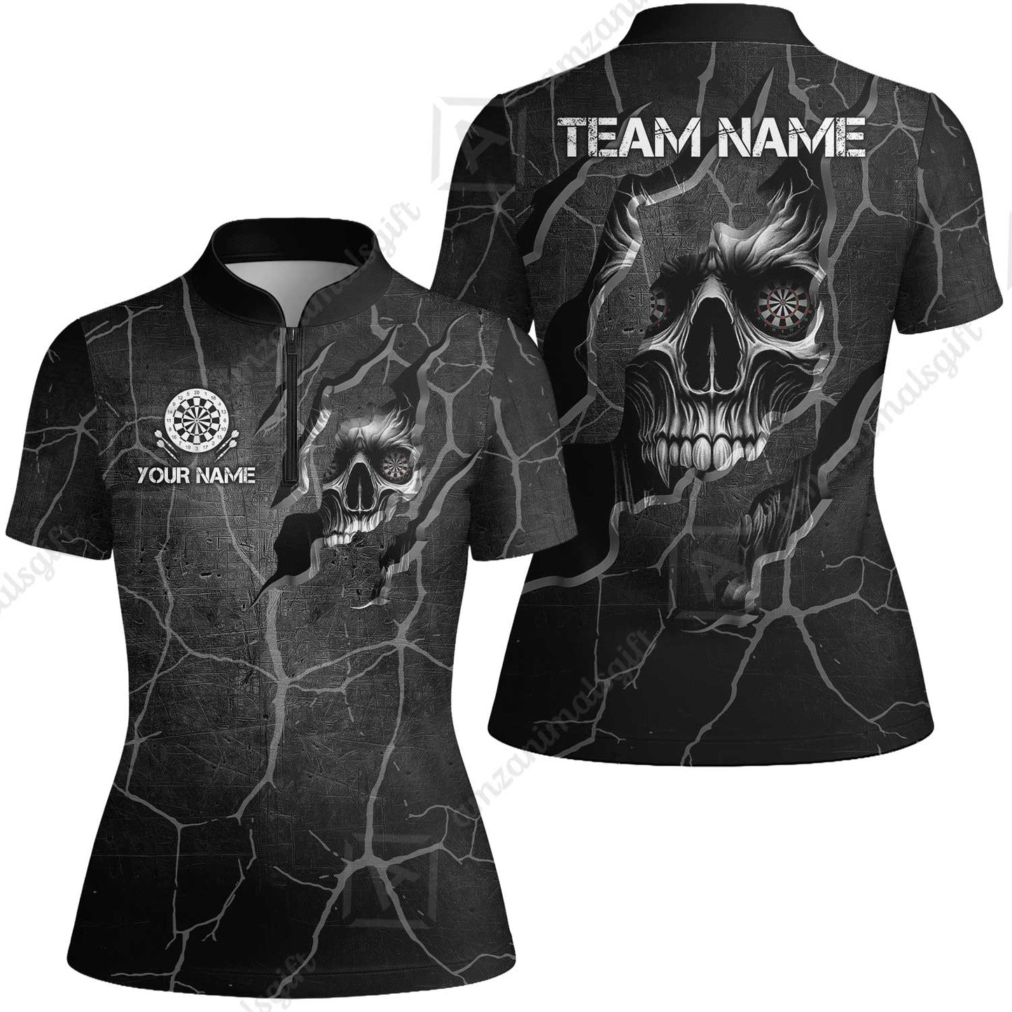 Customized Darts Women Jersey Shirt, Torn-Up Skull Dartboard Eyes Darts Women Jersey Shirt Team Style Jersey for Darts Players