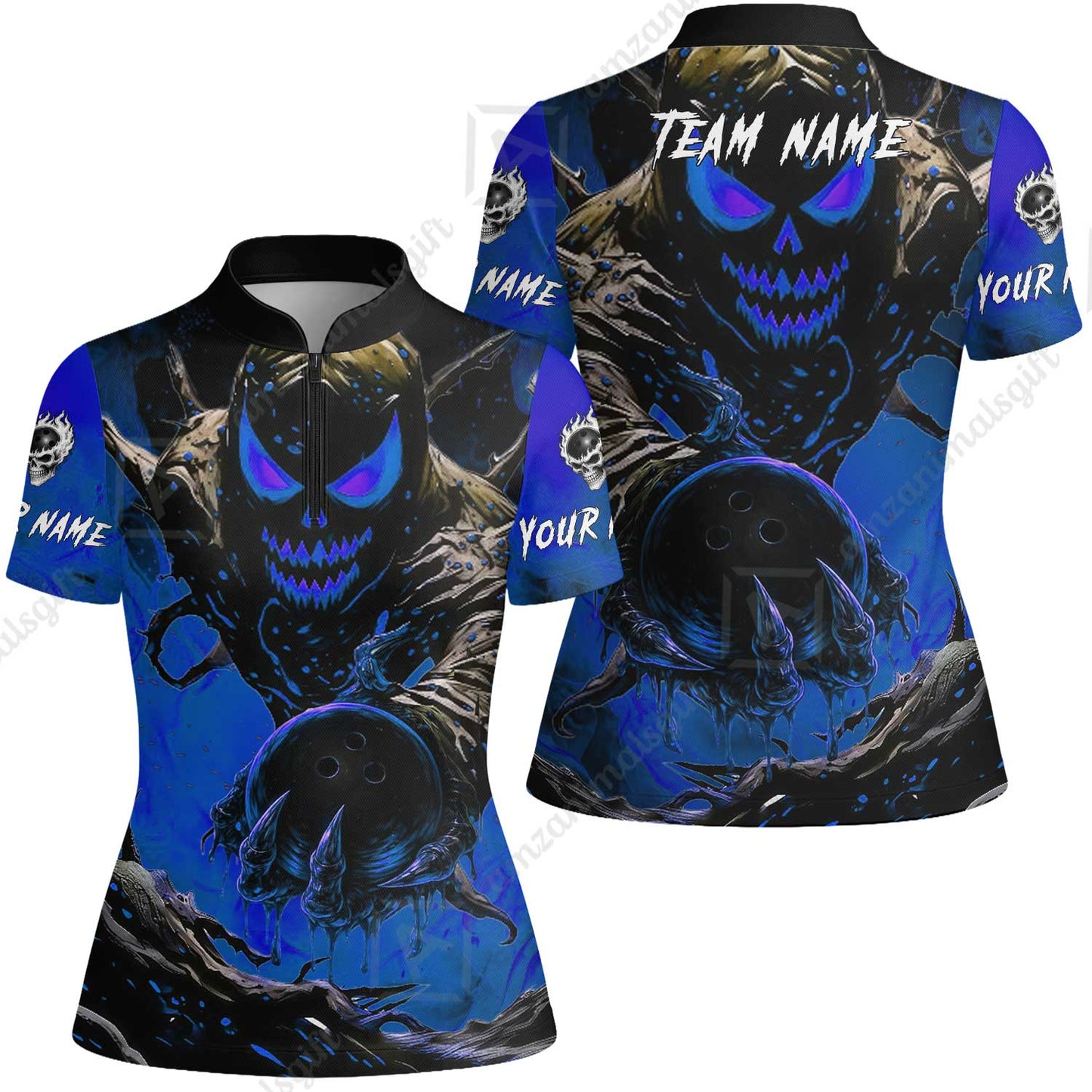 Custom Bowling Team Flat Neck Zip Jersey Shirt, Devil’s Strike Devil’s Strike Power Bowling Edition, Personalized Team Shirt with Custom Name