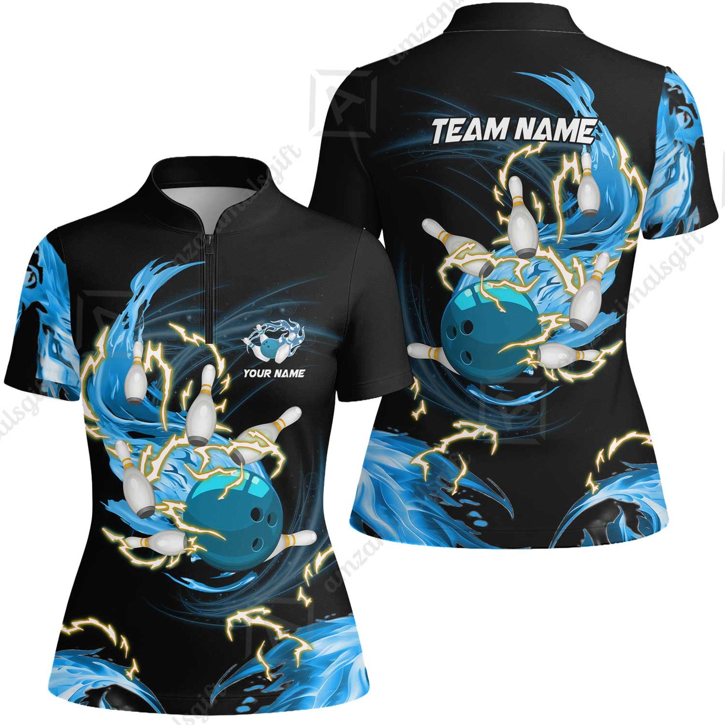 Customized Bowling Women Jersey Shirt, Bowling Ball & Pins Breath Of Thunder Flame Multicolor Option, Perfect Outfit For Bowlers