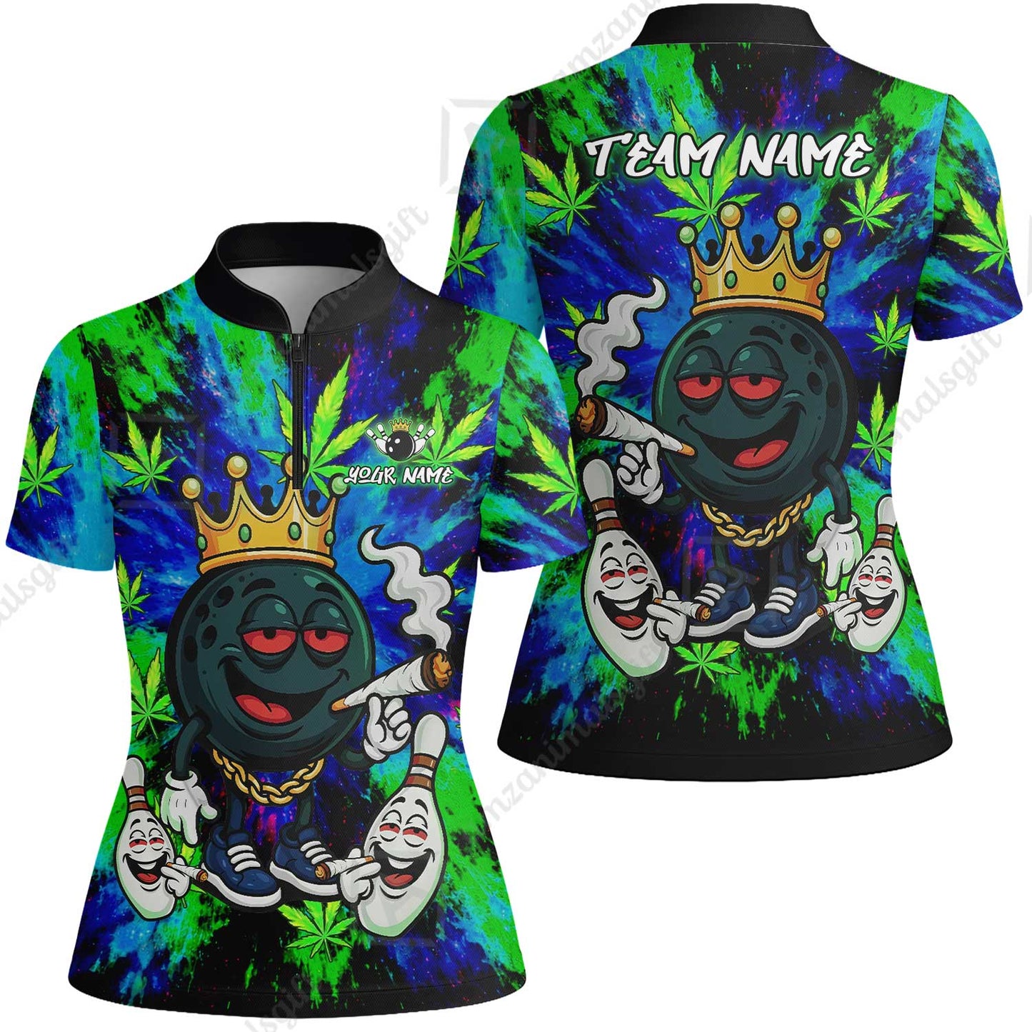 Custom Bowling Team Flat Neck Zip Jersey Shirt, King Smoke Tie-Dye Personalized Team Shirt, Custom Name and Team Name for Bowlers
