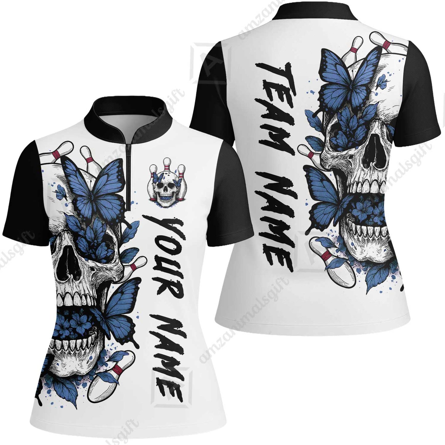 Custom Bowling Jersey Polo Shirt, Skull With Butterfly, Custom Bowling Jersey Team Shirt For Players With Name and Team Name