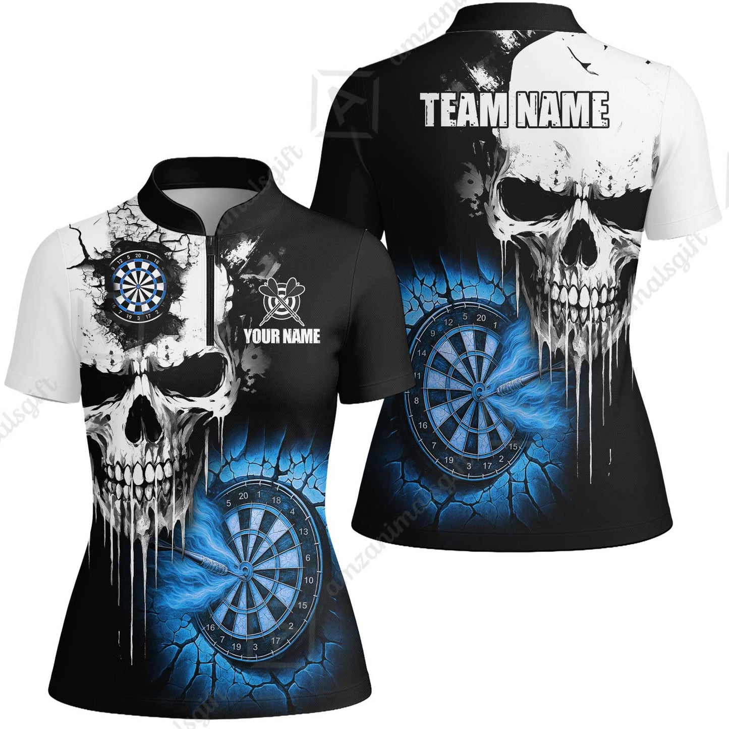 Custom Grunge Skull Crack Wall Darts Team Women Jersey Shirt, Customized Name Team Name Darts Polo Team Jerseys Uniform