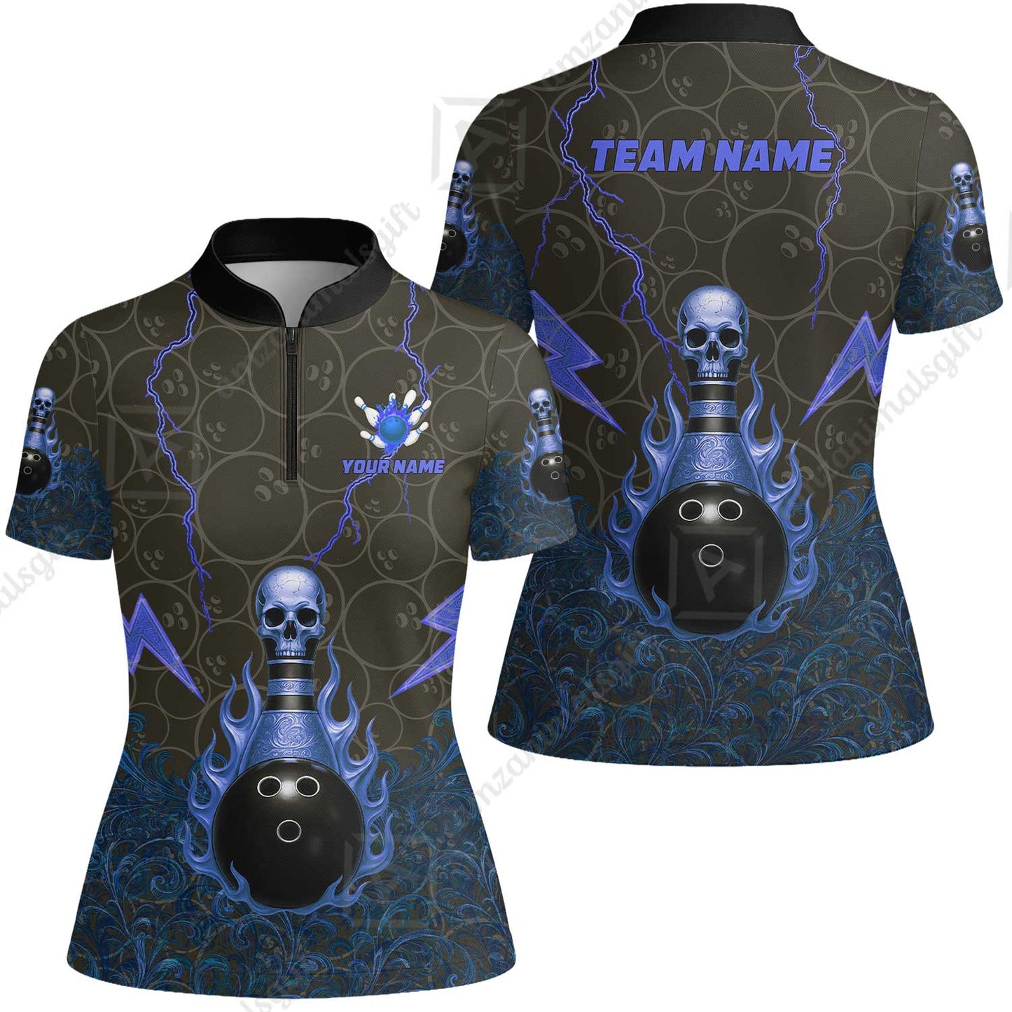 Custom Bowling Team Unisex Polo Shirt, Thunder Skull Strike Personalized Team Shirt, Custom Name and Team Name for Bowlers