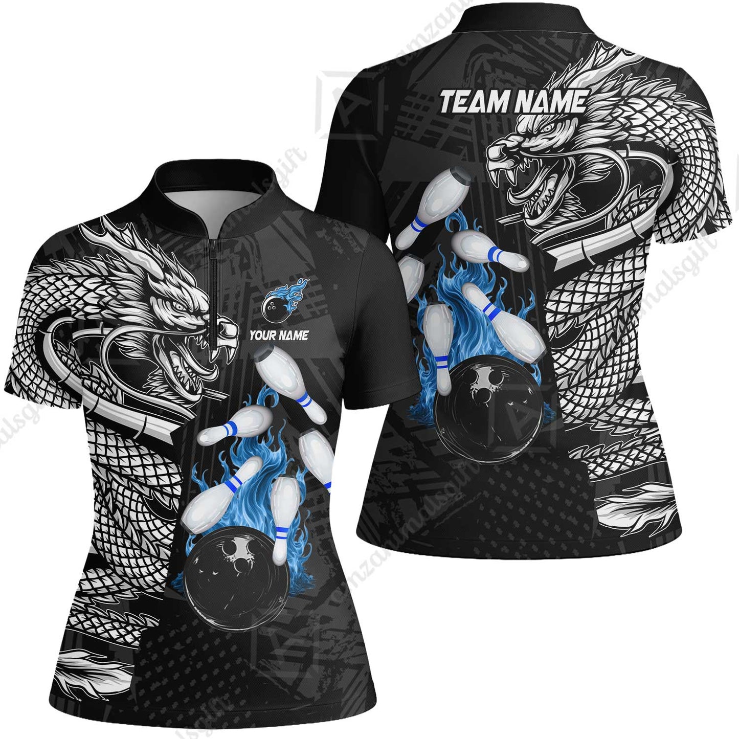 Custom Bowling Team Jerseys Polo Shirts, Bowling uniforms Bowling & Pins Dragon Flame Fire Multicolor Options Personalized Name And Team Name
