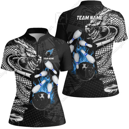 Custom Bowling Team Jerseys Polo Shirts, Bowling uniforms Bowling & Pins Dragon Flame Fire Multicolor Options Personalized Name And Team Name