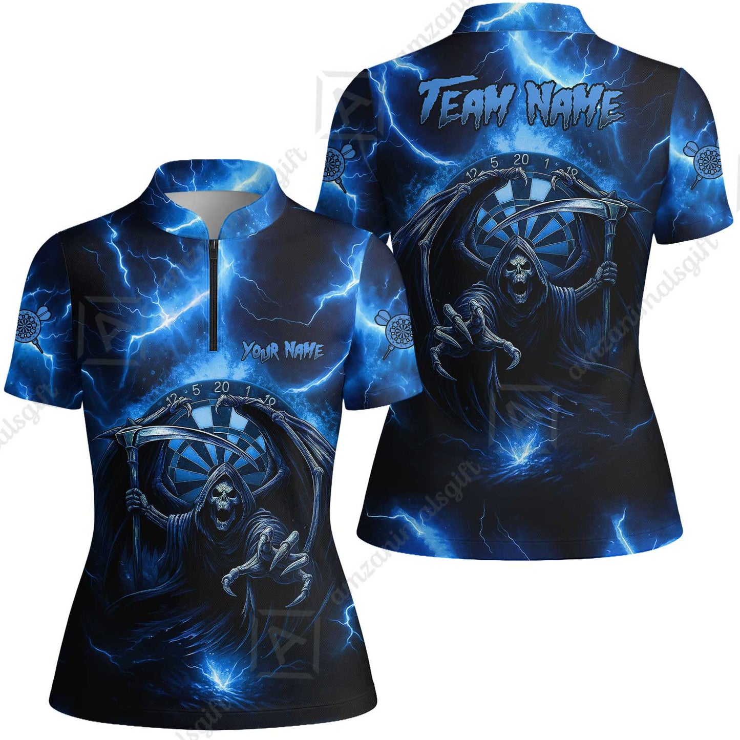 Customized Darts Women Jersey Shirt, Darts Grim Reaper Thunder Lightning Turquoise And Blue Team Jersey For Darts Player