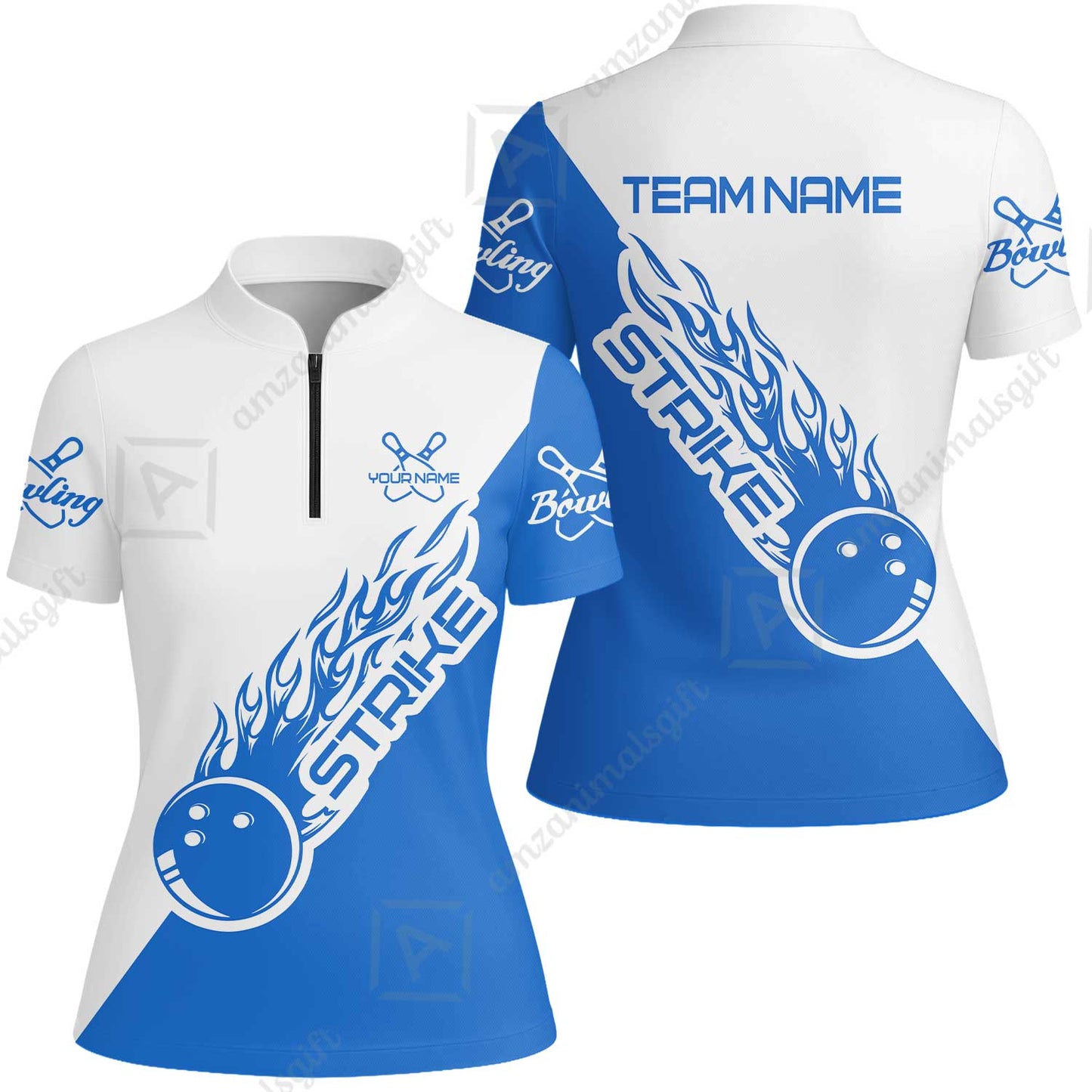Bowling Customized Jersey White Blue Shirt Strike Ball Bowling Tenpin Quarter Zip Shirt For Bowlers, Bowling Team