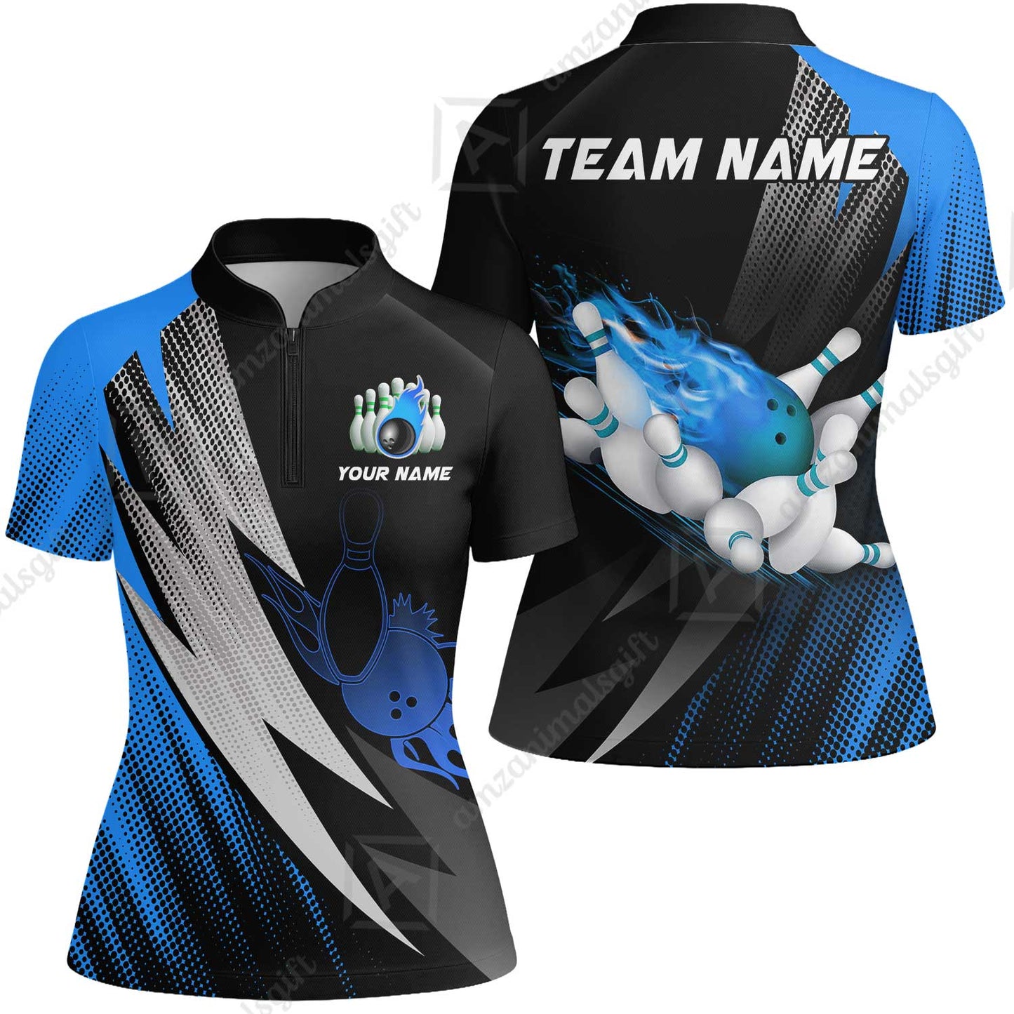 Customized Bowling Women Jersey Shirt, Bowling Ball And Pins Thunder Polka Dot Motifs Multicolor Option Customized Name And Team Polo Shirts