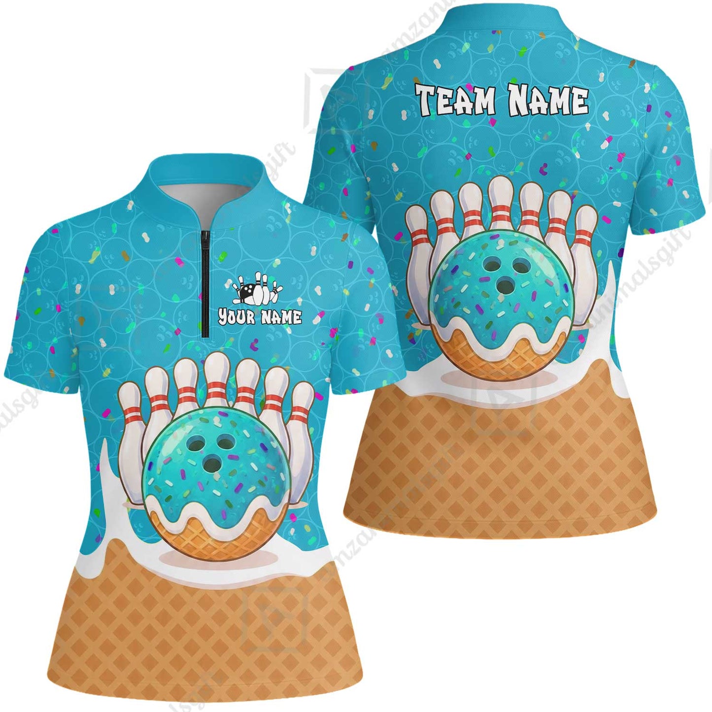 Custom Bowling Jersey Polo Shirt, Bowling Sprinkles Ice Cream Cone, Personalized Name & Team Name