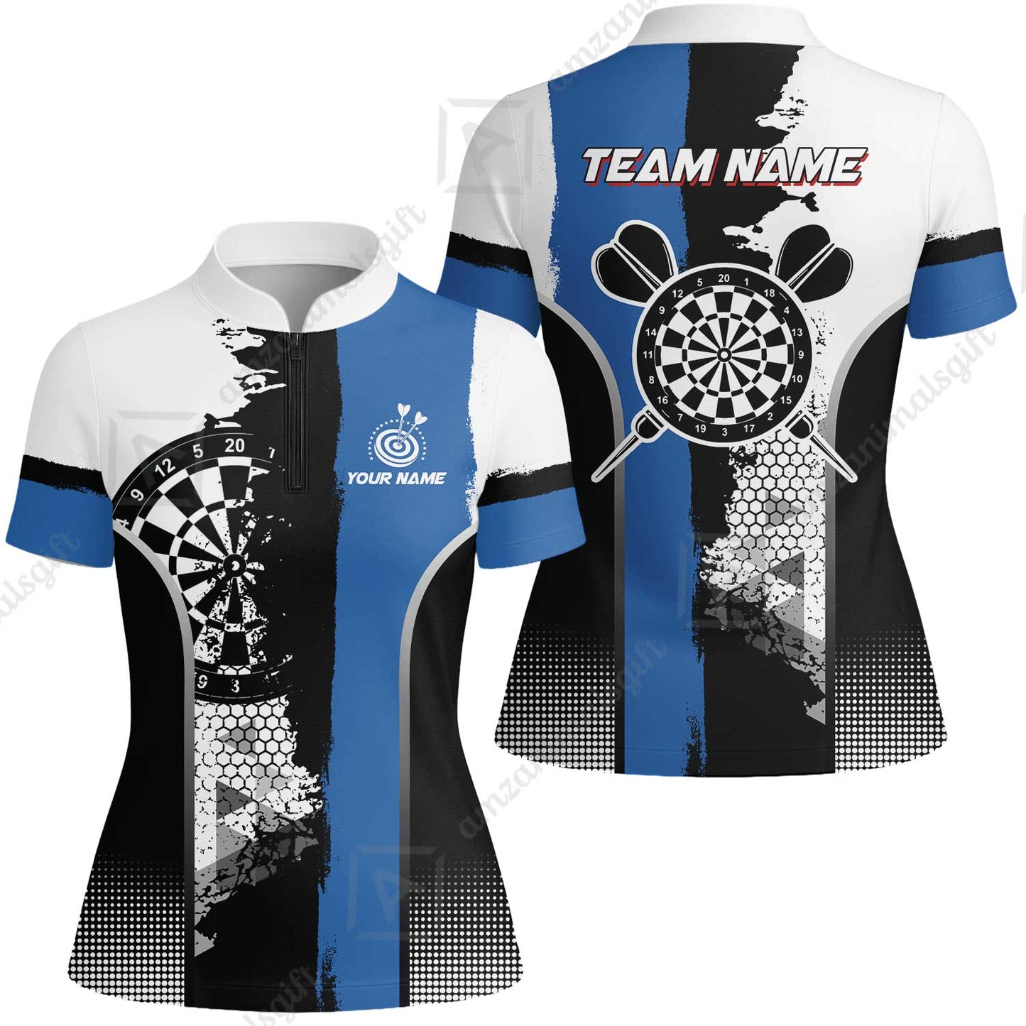 Custom Grunge Style Darts Team Jersey Polo Quarter-Zip Shirts, Custom Darts Team Jerseys Uniform, Personalized Name And Team Name