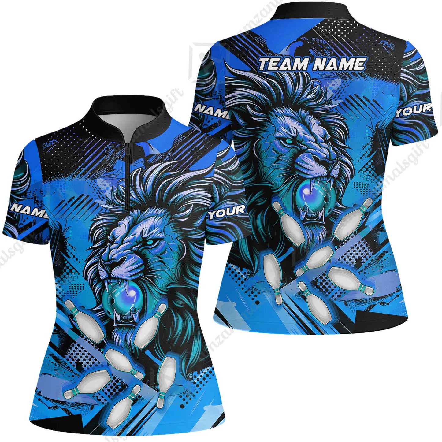 Custom Bowling Team Jerseys Shirts, Bowling uniforms Ball & Pins Lion Pattern Personalized Name And Team Name