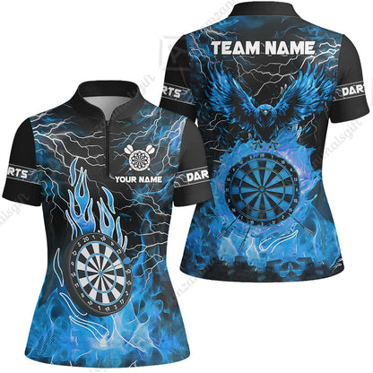Custom Darts Team Jersey, Dartboard Fire Flame Custom Eagle Darts Jersey Polo Quarter-Zip Shirts, Custom Name And Team Name Darts Uniforms Jersey