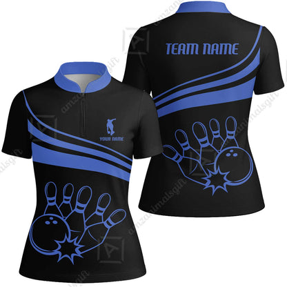 Bowling Customized Jersey Black Shirt Blue Curve Bowling Tenpin Quarter Zip Shirt, Outfit For Bowlers, Bowling Team