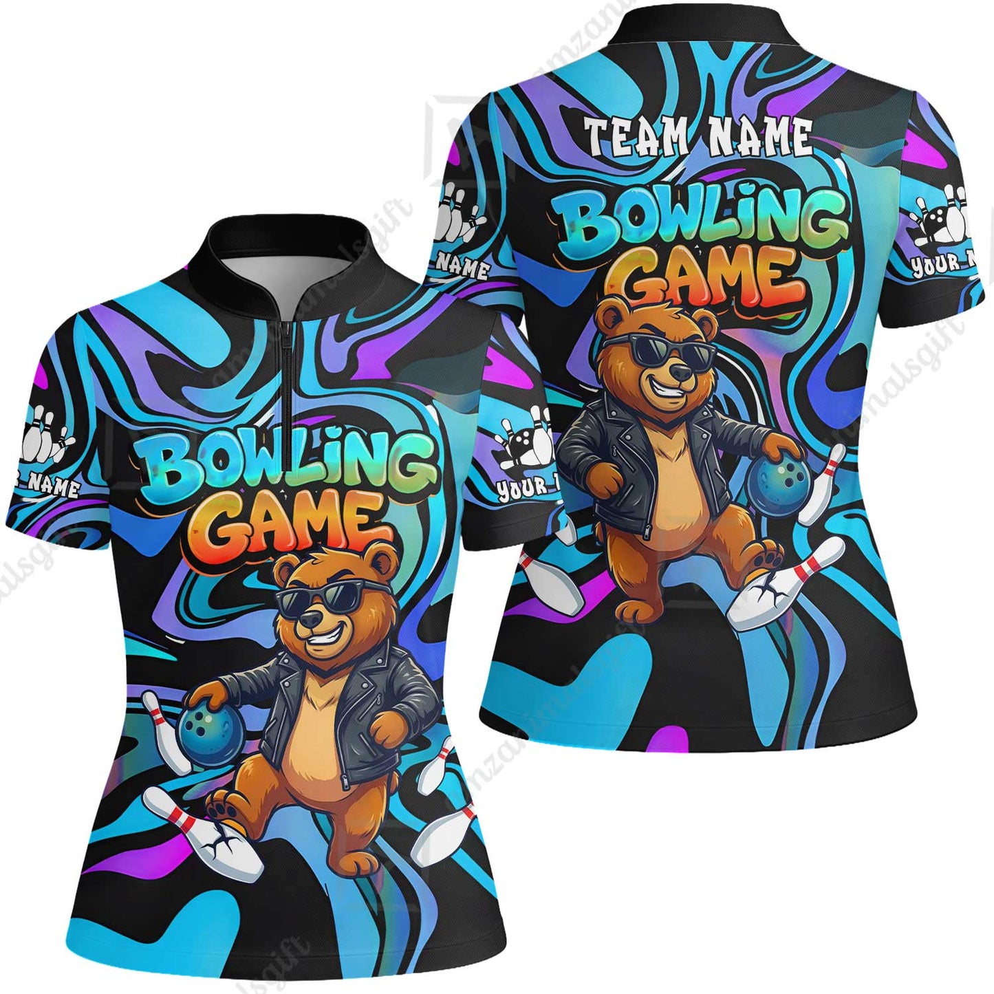 Custom Bowling Jersey Polo Shirt, Trippy Swirl Rocker Bear Graffiti Style, Custom Bowling Jersey Team Shirt For Players With Name & Team Name