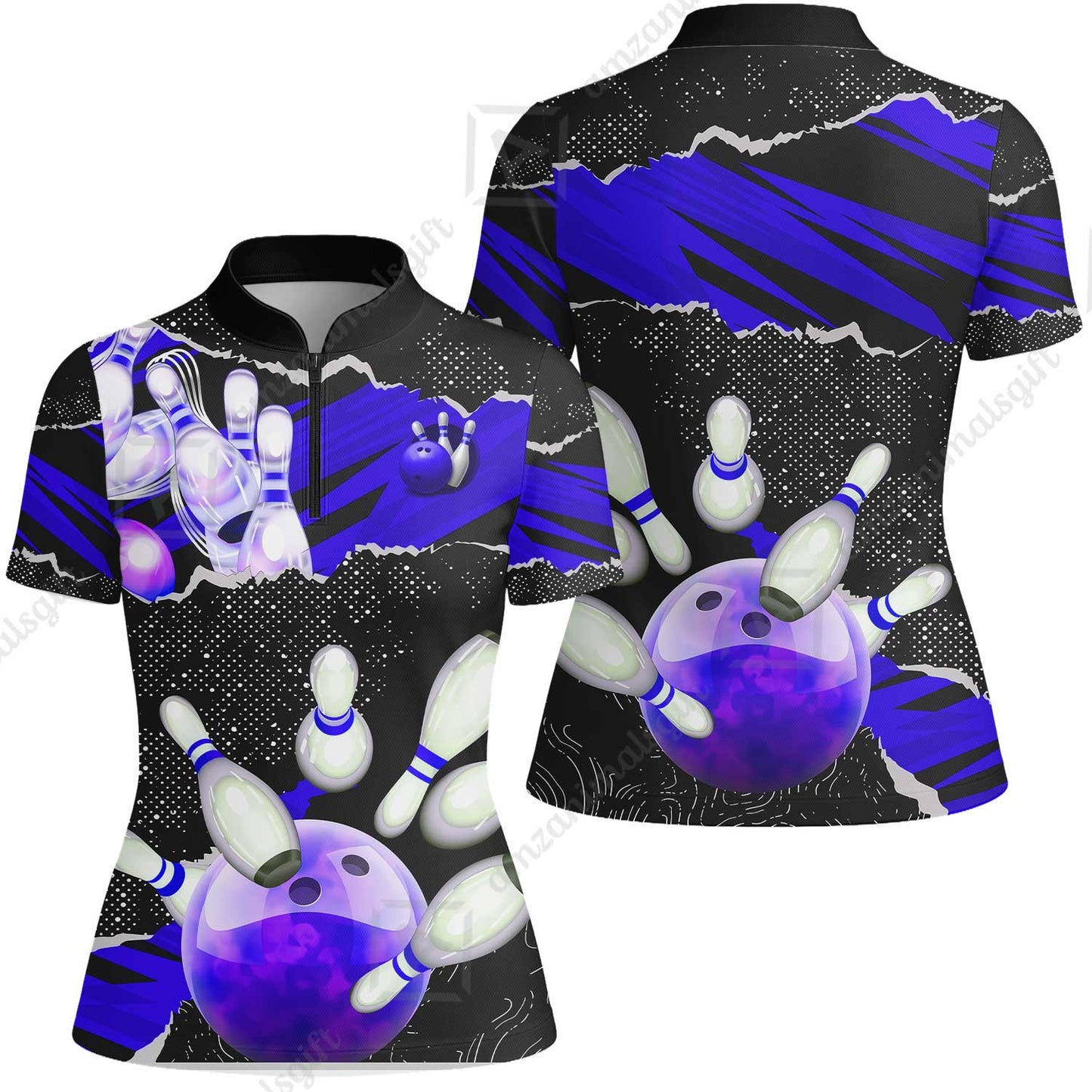 Personalized Bowling Team Women Jersey Shirt, Bowling Uniforms Ball & Pins Sport Pattern Custom Name And Team Name