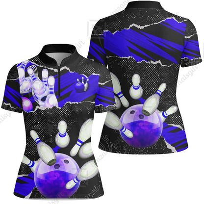 Personalized Bowling Team Women Jersey Shirt, Bowling Uniforms Ball & Pins Sport Pattern Custom Name And Team Name
