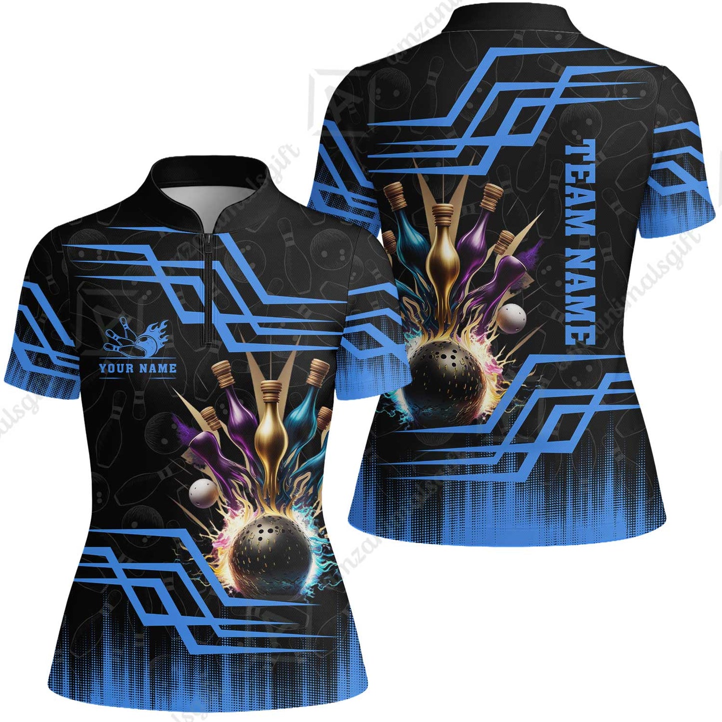 Customized Bowling Unisex Polo, Bowling And Pins Royal Multicolor Option Customized Name And Team Name For Bowling Team