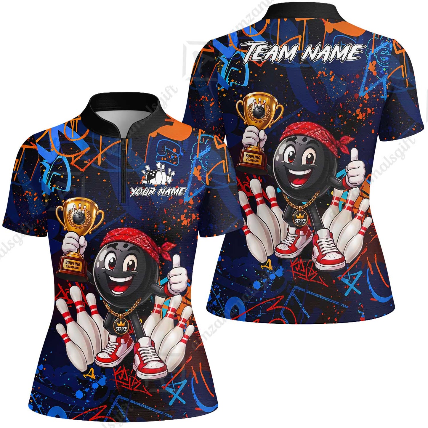 Custom Bowling Jersey Polo Shirt, Graffiti Champion, Custom Bowling Jersey Team Shirt For Players With Name & Team Name