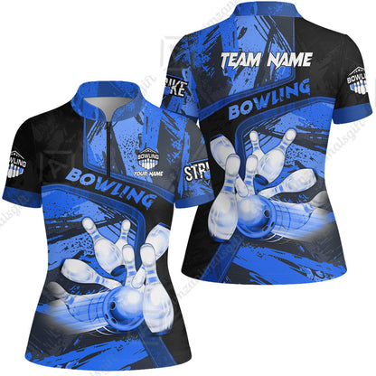 Custom Bowling Team Quater-Zip Polo Shirts, Bowling Uniforms Jerseys Brush Patterns, Multi Colors Personalized Name And Team Name
