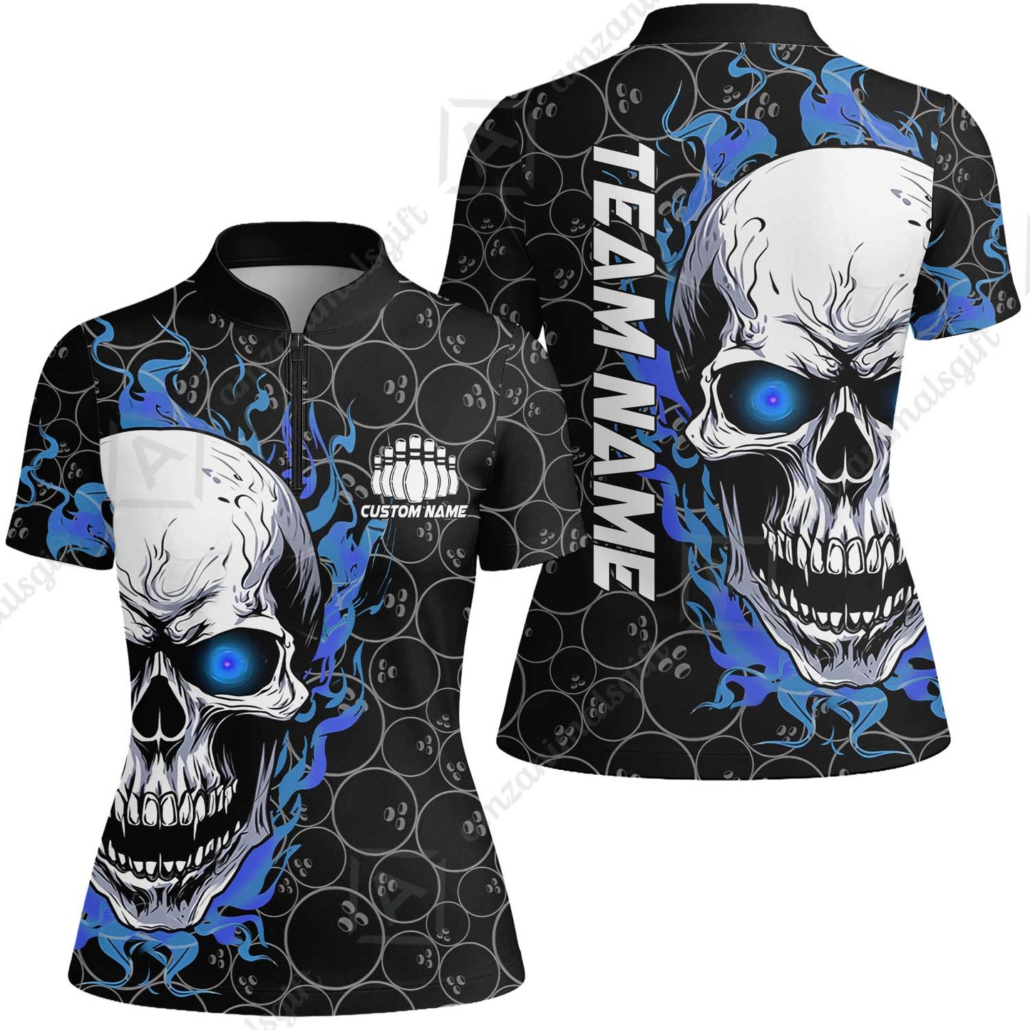 Personalized Bowling Unisex Polo Shirt, Green Flaming Skull Shirt For For Team Men Women Bowlers
