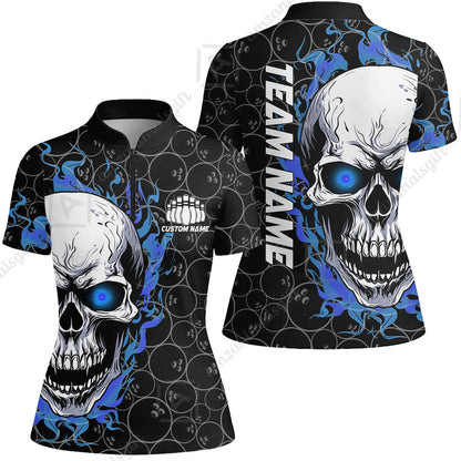 Personalized Bowling Unisex Polo Shirt, Green Flaming Skull Shirt For For Team Men Women Bowlers