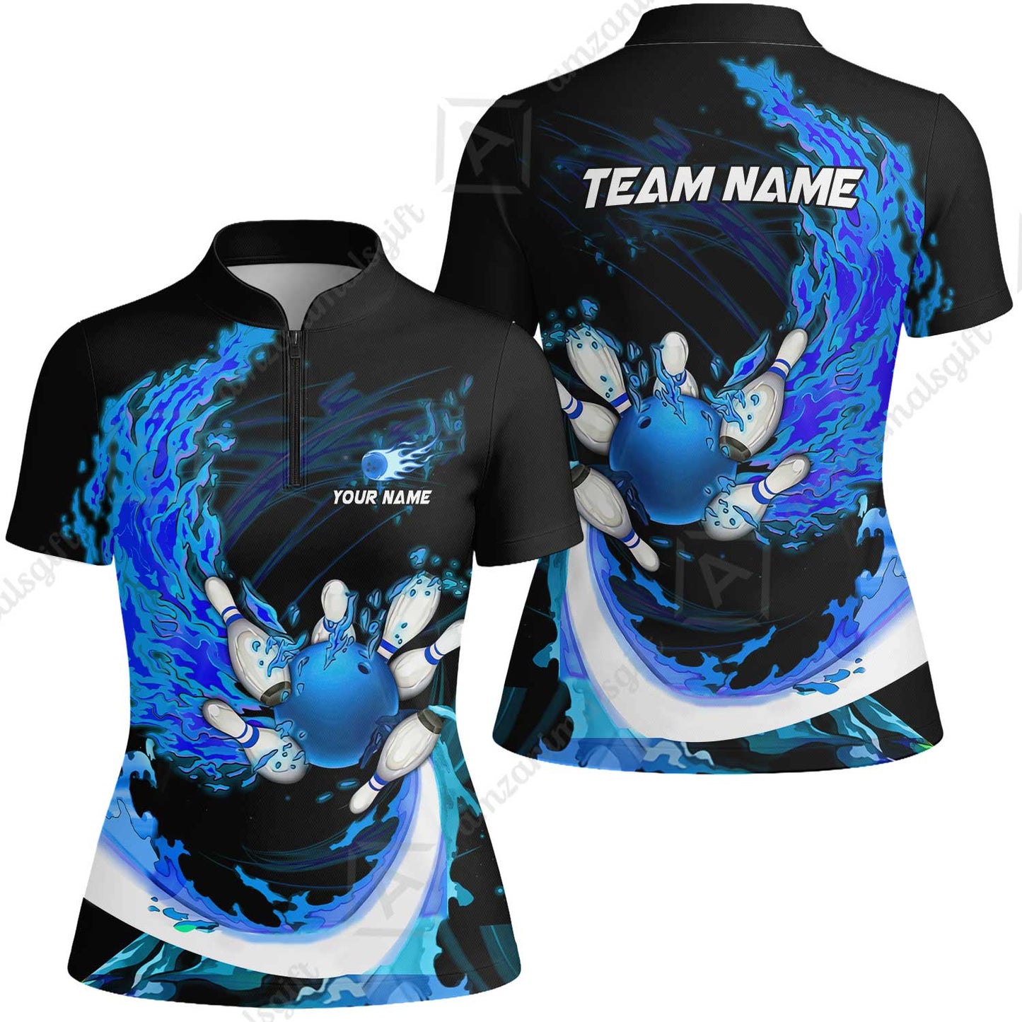 Customized Bowling Polo Team Jerseys, Breath Of Fire Bowling And Pins Multicolor Option Customized Name And Team Name For Bowling Team